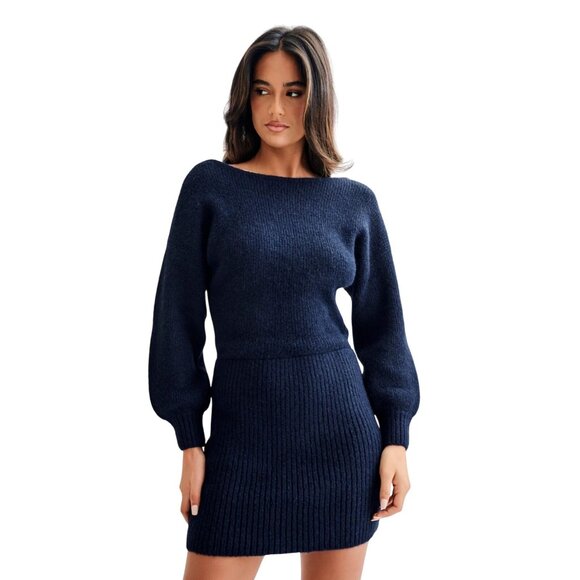 Meshki Navy Blue Chic Rafferty Boat Neck Knit Sweater Dress Women's Size Medium - Picture 4 of 13
